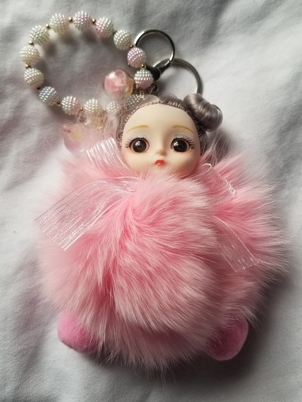 Pink Little Missy Doll Pom Pom Keychain with Beaded Ring